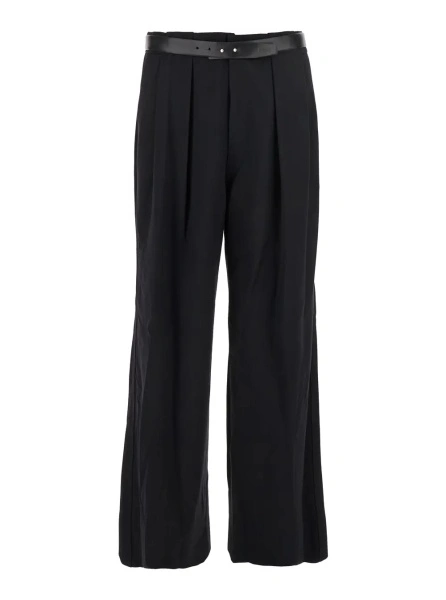 Pantaloni Black Trousers with Built-in Belt and Pleated Design in Wool Blend Man