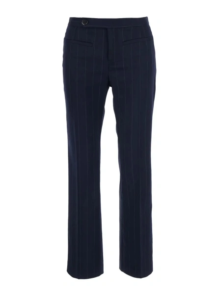 Pantaloni Blue Pants with off-center front closure and all-over striped Motif in fabric for women
