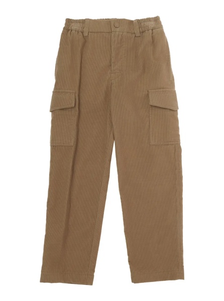 Pantaloni Brown Pants with Elastic Waist and Logo Patch on the Back in Corduroy for Boy
