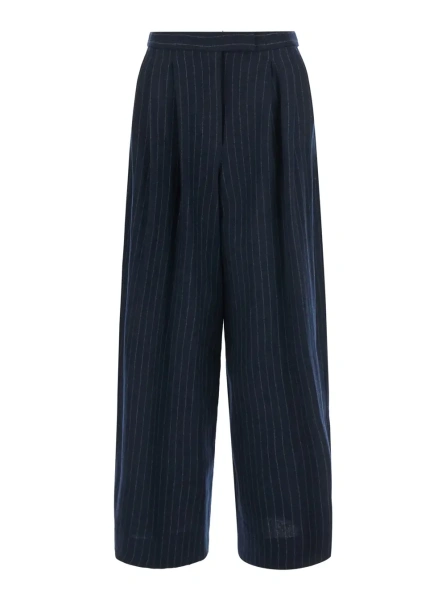 Pantaloni Men's blue washed pinstriped twill trousers in virgin wool