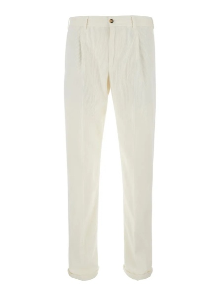 Pantaloni White Chino Pants with Front Pleats and Logo Patch on the Back in Velvet for Men