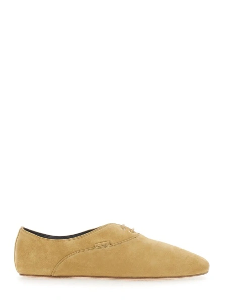 Pantofi beige Lace-up shoe with logo on the tongue in suede for men