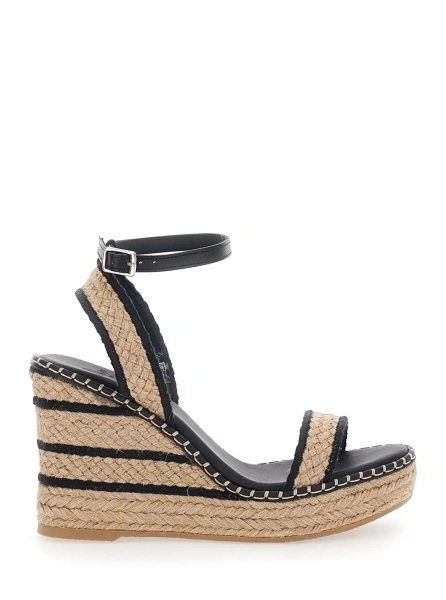Pantofi 'BERA' Beige Wedges with Ankle Strap and High Wedge Heel in Fabric for Women