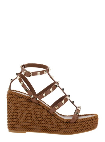 Pantofi Brown wedges with Rockstud Decoration and Ankle Strap Closure in Leather for Women