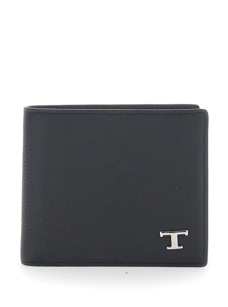 Portofele Black Bifold Wallet with metal T logo plate on the front in leather for men