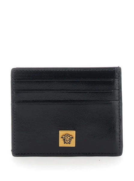 Portofele black Card holder with embossed logo on the front in leather for men