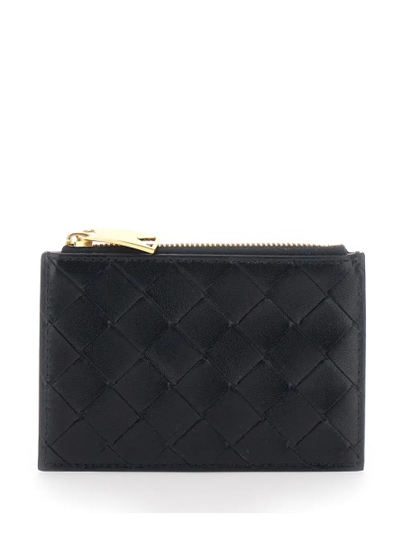 Portofele Black Cardholder with Intrecciato Motif on the front and zip closure in leather for women