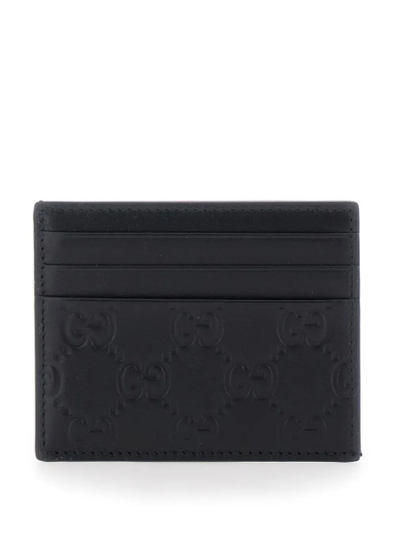 Portofele Black Emblem Card Holder with GG Motif in Leather for Men
