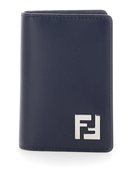 Portofele Blue Leather Card Holder with FF Logo Plate on the Front for Men