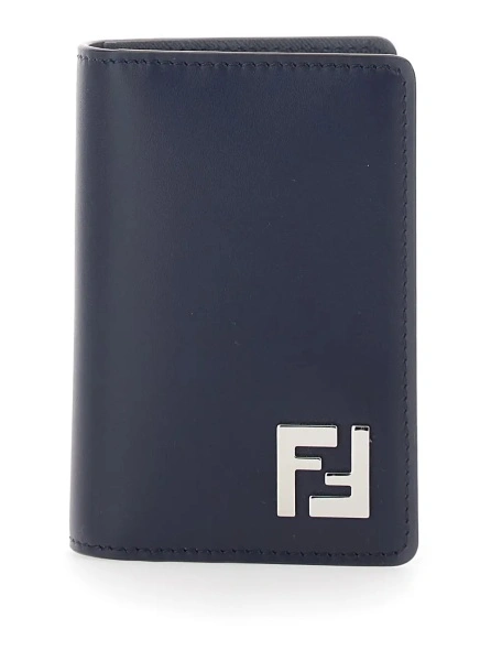 Portofele Blue Leather Card Holder with FF Logo Plate on the Front for Men