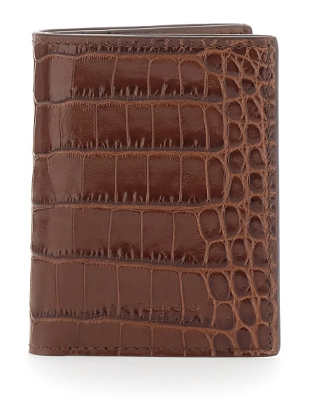 Portofele Folded Cardholder 'Crocodile Effect' in Brown Leather for Men