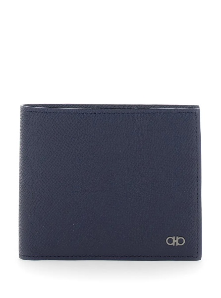 Portofele 'Micro Gancini' Blue Bi-Fold Wallet with Logo in Grained Leather Men