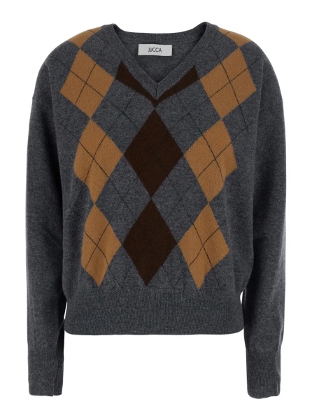 Pulover Argyle Pattern Sweater with V-Neck in Gray