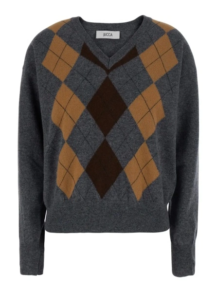 Pulover Argyle Pattern Sweater with V-Neck in Gray