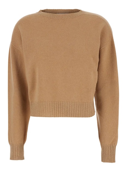 Pulover Beige Crew Neck Sweater with Dropped Shoulder and Ribbed Details in Wool Woman