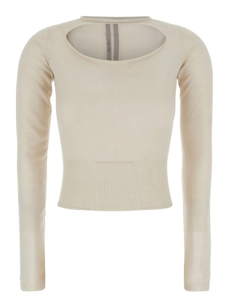 Pulover Beige Cropped Sweater with Front Cut-Out and Ribbed Trims in Cashmere for Women