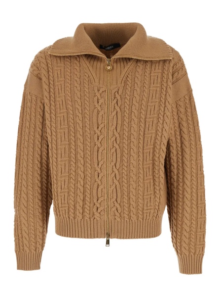 Pulover Beige High Neck Sweater with Zip and Embroidered Medusa Head on the Back in Wool for Men
