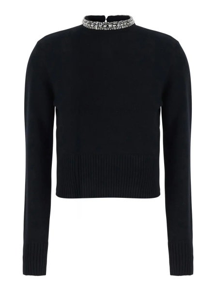 Pulover 'Berlino' Black Sweater with Rhinestone Details on the Neck and Logo Patch on the Back in Blend Wool Women