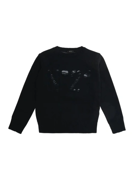 Pulover Black Crewneck sweater with logo embroidery on the front in wool blend boy