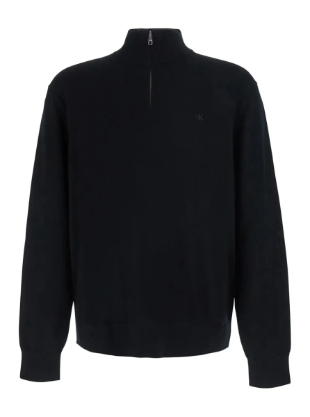 Pulover Black Sweater with half zip closure and high collar in wool for men