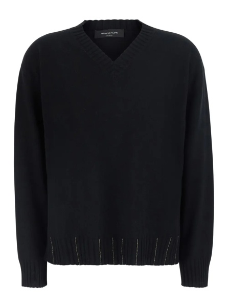 Pulover black sweater with V-neck and rhinestone details in wool and silk Blend women