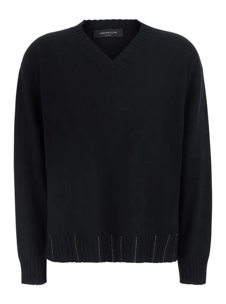 Pulover black sweater with V-neck and rhinestone details in wool and silk Blend women