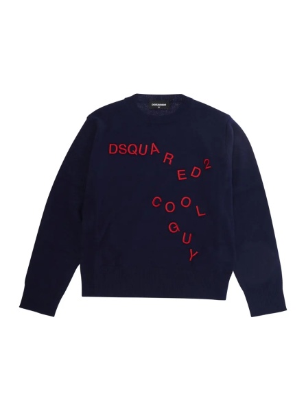 Pulover Blue Crewneck Sweater with Logo Lettering on the Front in Wool Boy