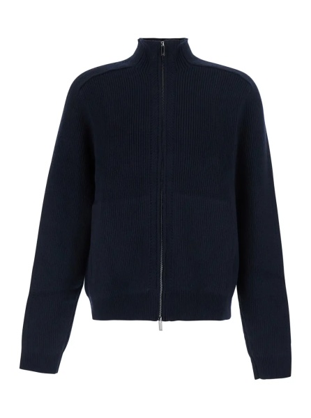 Pulover Blue Ribbed Sweater with High Collar and Zip Closure in Wool for Men