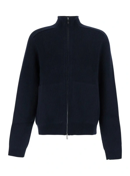 Pulover Blue Ribbed Sweater with High Collar and Zip Closure in Wool for Men