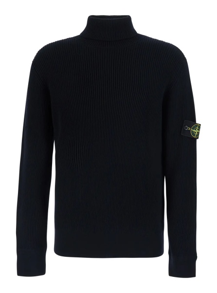 Pulover Blue Sweater with high collar and logo patch on the sleeve in Men