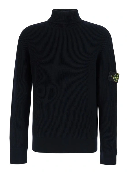 Pulover Blue Sweater with high collar and logo patch on the sleeve in Men