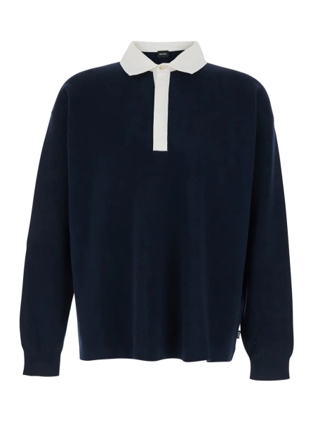 Pulover Blue Sweater with Polo-Shirt Style Collar in Cotton and Wool Blend for Men