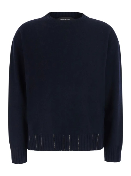 Pulover blue sweater with round neck and rhinestone details in wool and silk Blend women