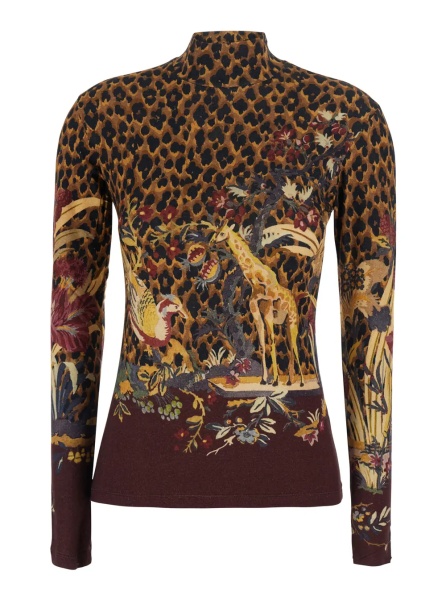 Pulover Brown High-neck sweater with animal motif all-over in wool blend women