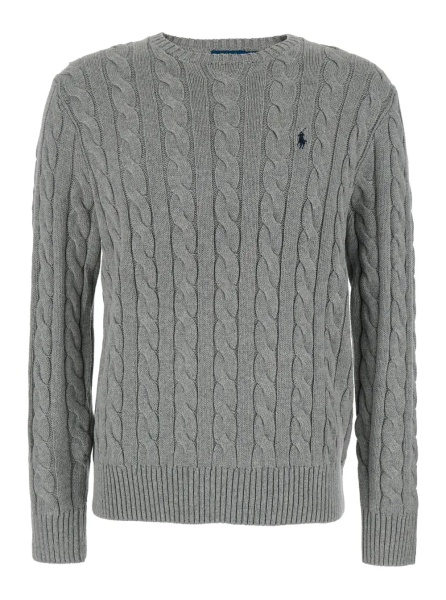 Pulover Crewneck Sweater with Pony Embroidery on the Front and Cable Knit in Grey Cotton for Men