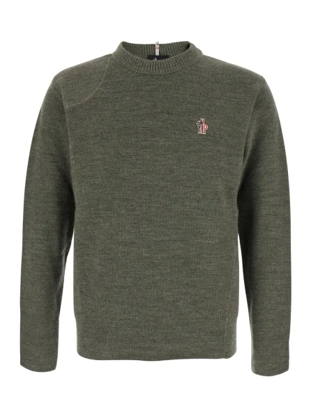 Pulover green Crewneck sweater with logo patch on the front in wool Men