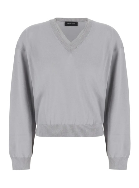 Pulover Grey V-neck Sweater with Ribbed Edges in Wool and Cotton for Women