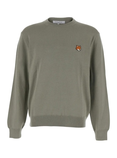 Pulover MAISON KITSUNÉ Green Crew Neck Sweater with Fox Patch on the Front in Wool Man