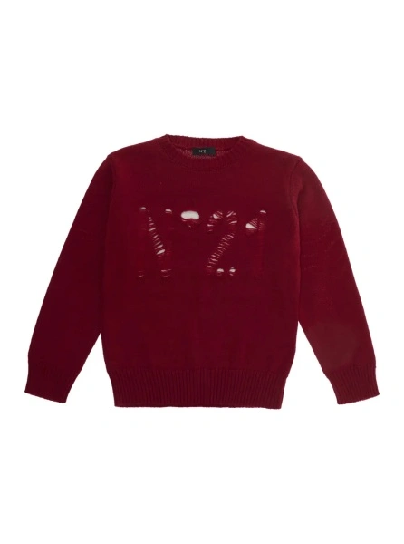 Pulover Red Crewneck sweater with logo embroidery on the front in wool blend boy