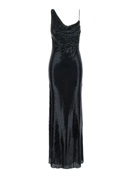Rochii black Long dress with draping and rhinestones in Tech Fabric woman
