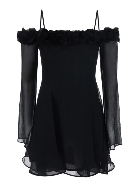 Rochii Black Viscose Creponne Dress with Roses for Women