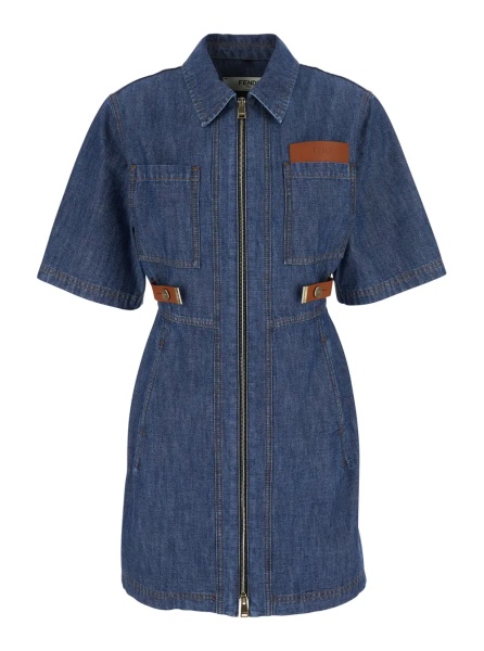 Rochii Blue Dress with classic collar and leather logo patch on the front in denim for women