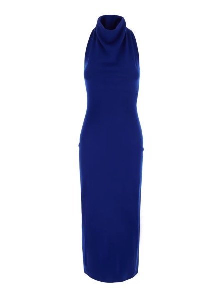Rochii Blue Sleeveless long dress with high neck and draped details in wool for women