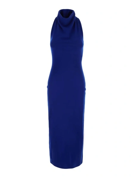 Rochii Blue Sleeveless long dress with high neck and draped details in wool for women