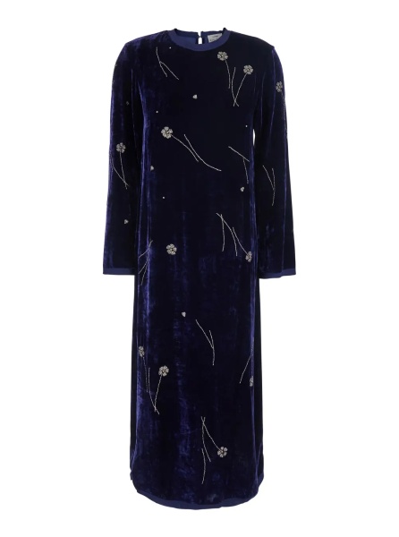 Rochii 'Fleurs D'Orient' blue crew neck long dress with all-over floral embroidery in velvet for women