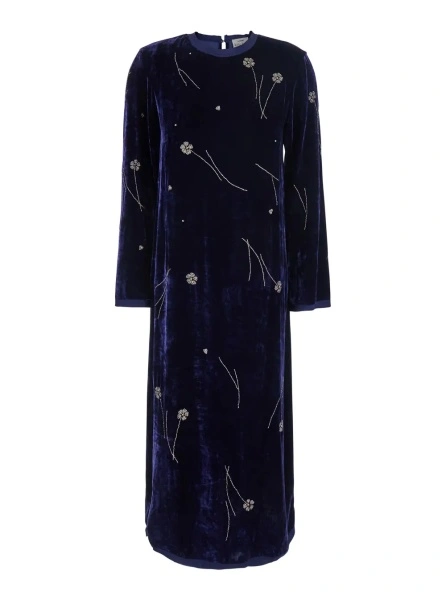 Rochii 'Fleurs D'Orient' blue crew neck long dress with all-over floral embroidery in velvet for women