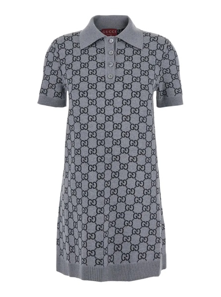 Rochii Grey Dress with Wide Collar and All-Over GG Motif in Wool Woman