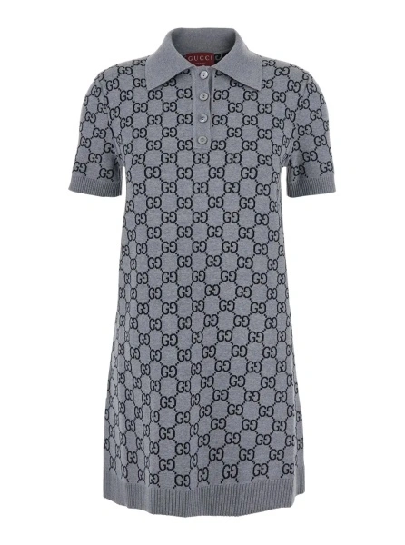 Rochii Grey Dress with Wide Collar and All-Over GG Motif in Wool Woman