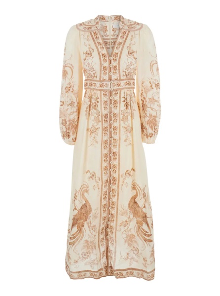 Rochii 'Indra' Multicolor Long Dress with V-Neck and All-Over Motif in Linen for Women