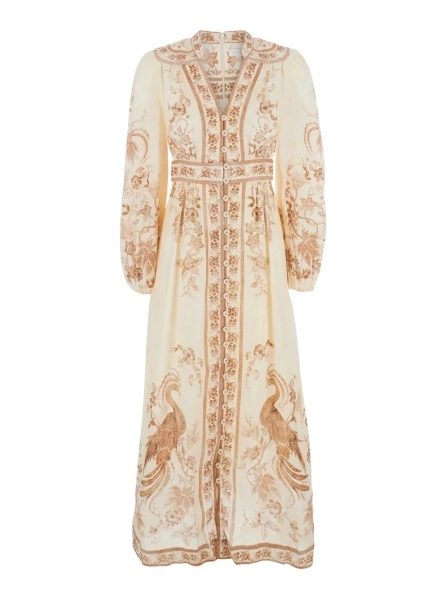 Rochii 'Indra' Multicolor Long Dress with V-Neck and All-Over Motif in Linen for Women